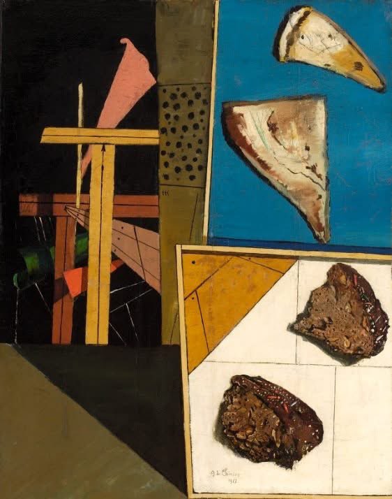 rivolicast's tweet photo. #GiorgiodeChirico  #CollezioneCerruti
Nel suo "Interno metafisico" (1917) de Chirico ritrae due tipi di dolciumi tipici di Ferrara tra cui si riconoscono fette scure del panpepato, una torta speziata.
#scopri come acquistare i biglietti https://t.co/lKwkrg6i86 https://t.co/JdjAi37ZYa
