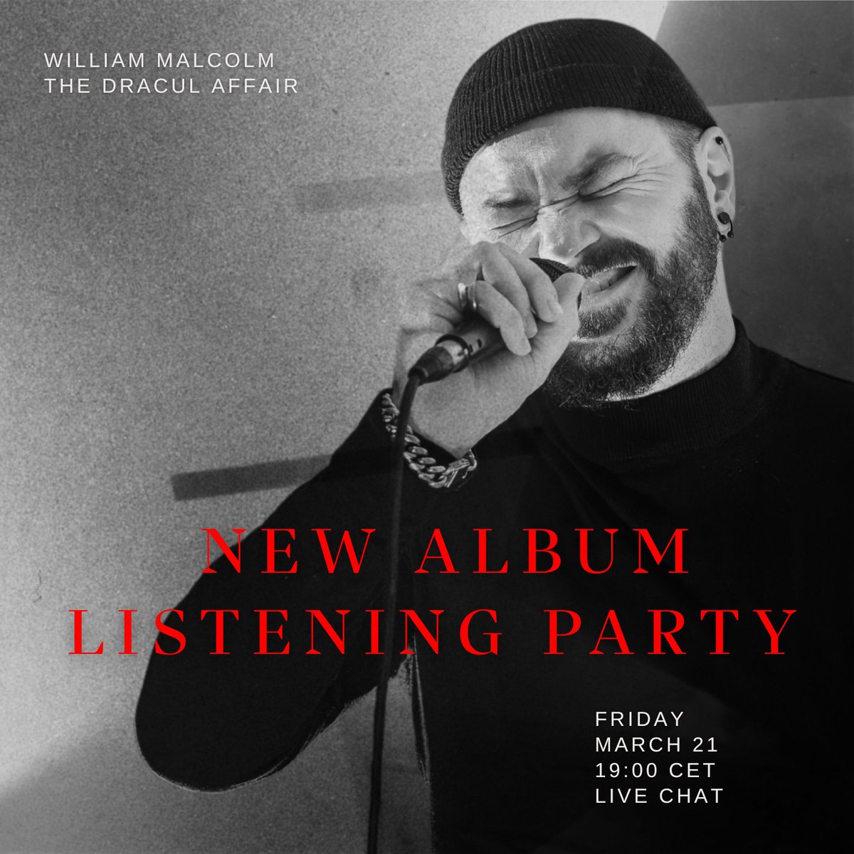 Join me for an exclusive online album listening party on March 21 (Friday) at 19:00 CET. Plus, a special limited edition pre-order is coming that night…
RSVP in the bio link! The Affair is inevitable. #Dracul is coming. #nightrun87 #williammalcolm #synthpop #electropop