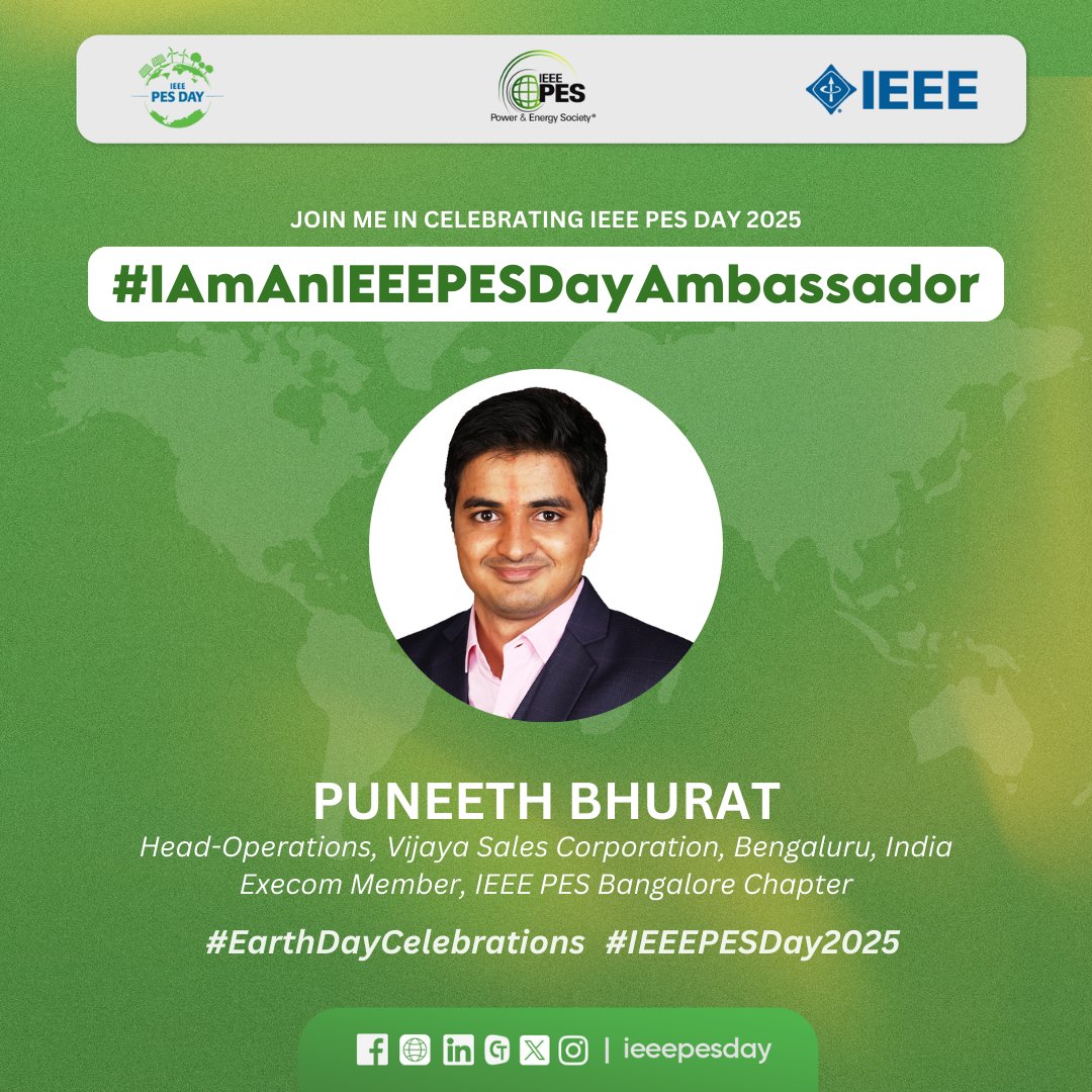 PuneethBhurat's tweet photo. Hi Everyone, I am glad to share that I will be representing as an Ambassador for IEEE PES Day 2025 Celebrations. I look forward to working with young and energetic power engineers to positively impact the grid and the community. #IEEEPESDay2025 #EarthDayCelebrations @ieeepesday https://t.co/QeXlHQepD8