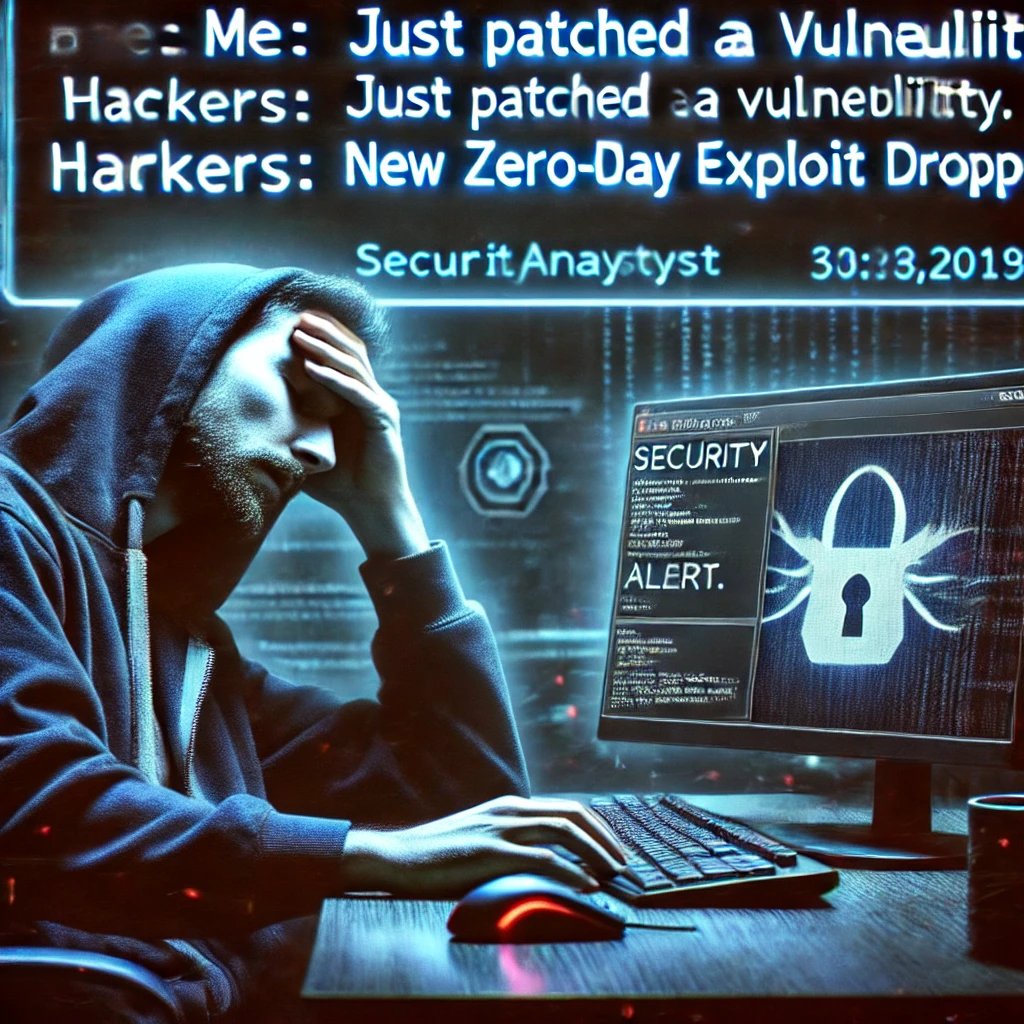 sgtkellscyber's tweet photo. SOC life in a nutshell... 
Just patched a vulnerability, and hackers drop a new zero-day like it’s Christmas! 🎁💀 #CyberSec #SOCAnalyst https://t.co/7ChGGuu4LZ
