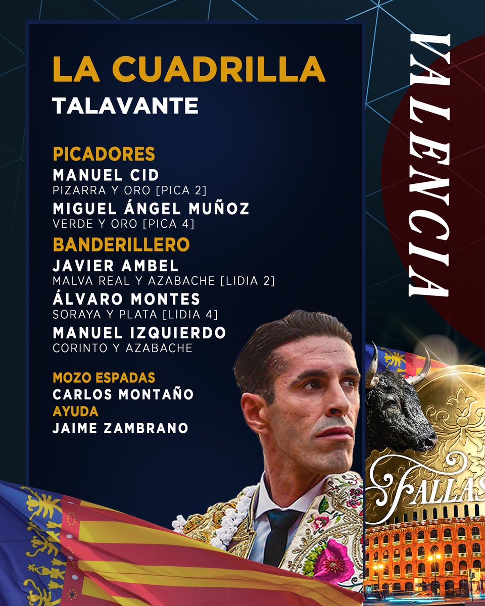 plazadevalencia's tweet photo. [👥𝗖𝗨𝗔𝗗𝗥𝗜𝗟𝗟𝗔𝗦] ¡Estas son las cuadrillas para la tarde de hoy! A las 17:00h. harán el paseíllo Talavante, Roca Rey y Alejandro Chicharro, que tomará la alternativa.

🎟️❌ ¡No hay billetes! 
🔥#Fallas2025 https://t.co/SZ1cz0U49G