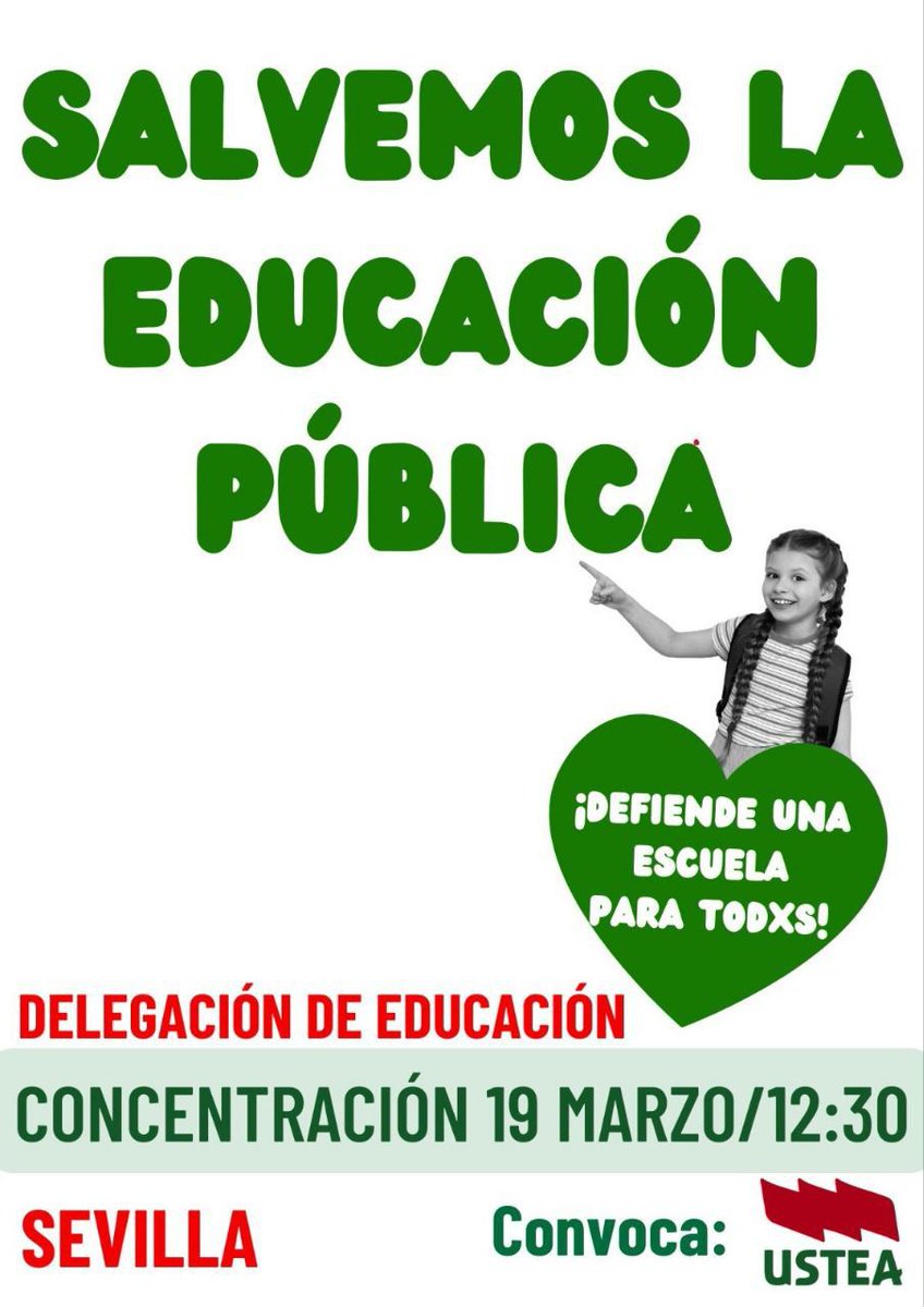 Apoyamos las concentraciones del próximo miércoles 19, Salvemos la #educaciónpública convocadas por <a href="/usteaeducacion/">USTEA Educación</a> 

La Consejería de Desarrollo Educativo debe defender una educación de calidad para todo el alumnado andaluz.