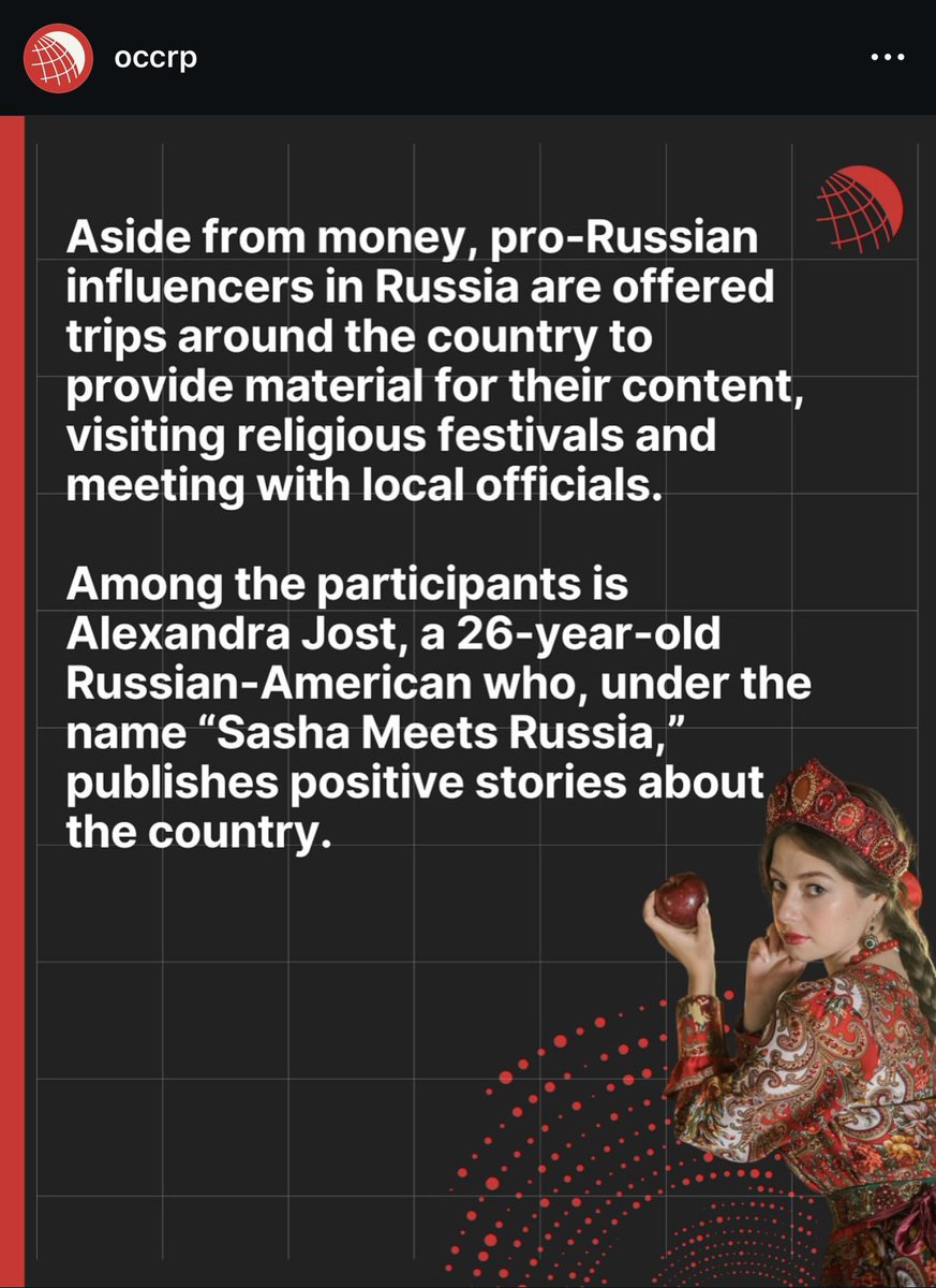 Sorpresa! <a href="/OCCRP/">Organized Crime and Corruption Reporting Project</a> scopre che gli innocenti account che promuovono la vita e la cultura russa da YouTube a Instagram sono canali di propaganda in una strategia coordinata pagata da RT. Monitoro questi canali da due anni, ce ne sono vari anche in italiano. occrp.org/en/investigati…