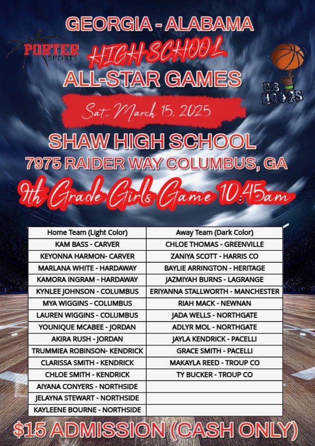 Come out and support Kynlee Johnson, Lauren Wiggins, and Mya Wiggins as they represent the Columbus High Lady Blue Devils in the GA/AL 9th Grade Porter Sports All-Star Game‼️🔥

📍: Shaw High School
⌚️: 10:45 am
🎟️: $15 CASH ONLY