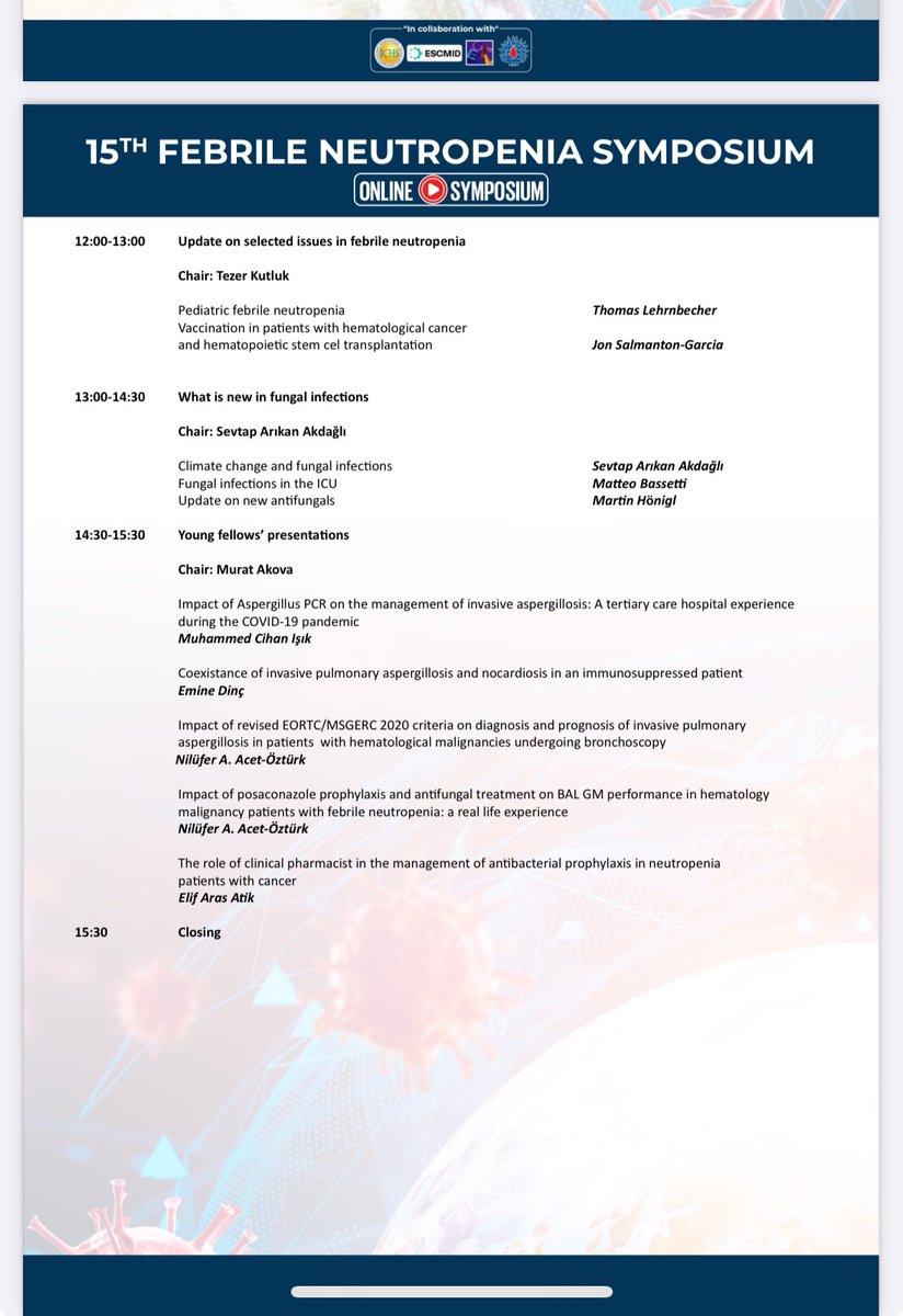 It was great to be the first speaker at the 15th Febrile Neutropenia Symposium this year. I am delighted to hear that ECIL-10 guidelines for emp/targeted abx therapy of febrile neutropenia will come out soon <a href="/TheLancetInfDis/">The Lancet Infectious Diseases</a> 
Scientific programme👇🏻<a href="/IchsGlobal/">ICHS-Global</a> <a href="/ESCMID/">ESCMID</a>