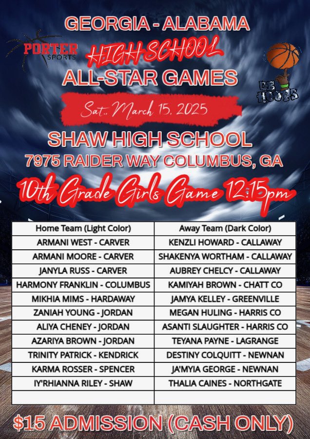Come out and support Harmony Franklin as she represents the Columbus High Lady Blue Devils in the GA/AL 10th Grade Porter Sports All-Star Game‼️🔥

📍: Shaw High School
⌚️: 12:15 pm
🎟️: $15 CASH ONLY