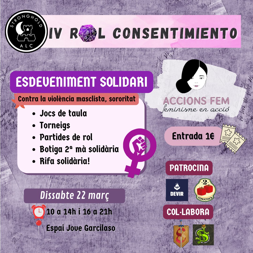 Sants-Niggurath (@santsniggurath) on Twitter photo El 22 de març les companyes de <a href="/ALC_Stronghold/">ALCStronghold</a>
organitzen Rol Consentimiento, la jornada de jocs de rol i de taula a favor de @accionsfem, una associació que treballa amb dones víctimes de violència de gènere. Inscripcions a alcstronghold.com/rol-consentimi… El 22 de març les companyes de <a href="/ALC_Stronghold/">ALCStronghold</a>
organitzen Rol Consentimiento, la jornada de jocs de rol i de taula a favor de @accionsfem, una associació que treballa amb dones víctimes de violència de gènere. Inscripcions a alcstronghold.com/rol-consentimi…
