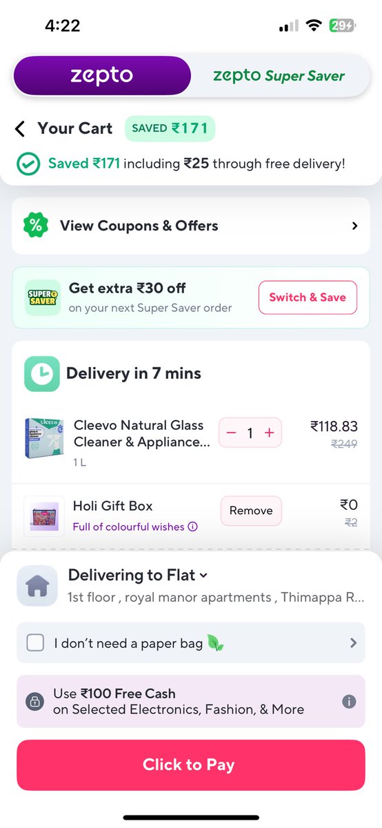 flawsinsystem's tweet image. Noticed a major pricing discrepancy in Zepto app @ZeptoNow @AaditPalicha @v0hra. The price shown initially vs. final checkout price doesn’t match! Is this a bug or a deliberate attempt to mislead customers? Transparency matters! #ConsumerRights #FixTheBug #Zepto