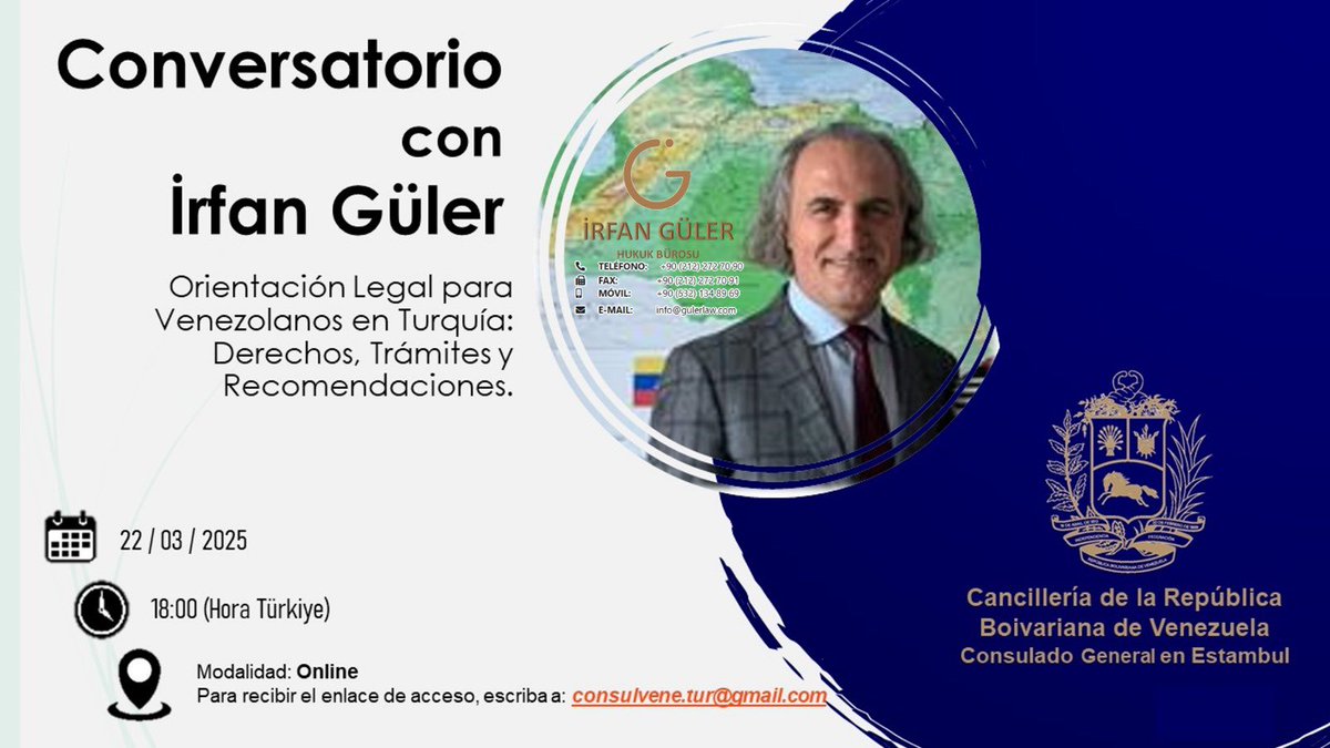 Türkiye’deki Venezuelalılaya yönelik hukuki haklarıyla ilgili konferansımız haftaya bugün!
Hasta entonces!