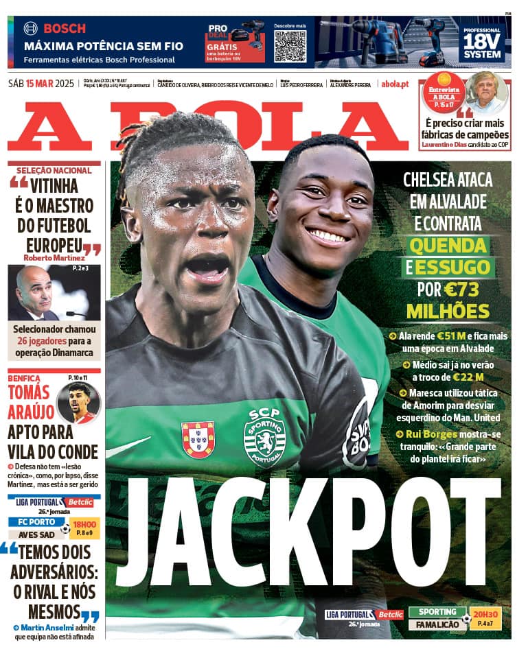 FutbolPortugal's tweet photo. #PORTADA A Bola (15/3/2025) https://t.co/XaKVMLk5ns