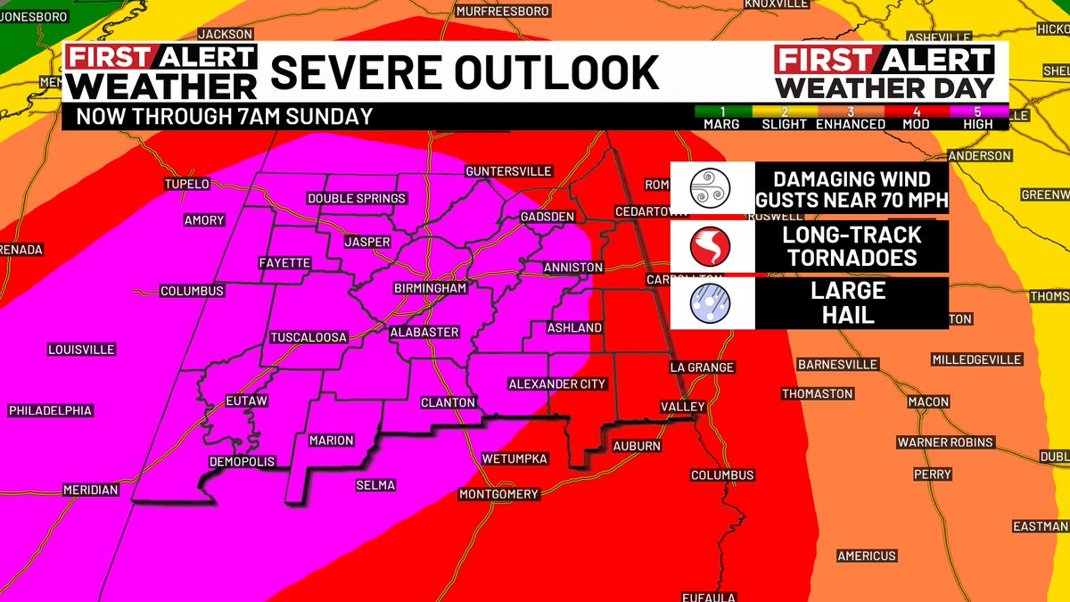 Meaghan Thomas (@megtomwx) on Twitter photo SHARE!! The HIGH RISK (level 5/5) was expanded overnight. It now includes almost all of Central Alabama. Violent, long-track tornadoes possible this afternoon, evening and late tonight.
<a href="/WBRCweather/">WBRC First Alert Weather</a> @WBRCNews SHARE!! The HIGH RISK (level 5/5) was expanded overnight. It now includes almost all of Central Alabama. Violent, long-track tornadoes possible this afternoon, evening and late tonight.
<a href="/WBRCweather/">WBRC First Alert Weather</a> @WBRCNews