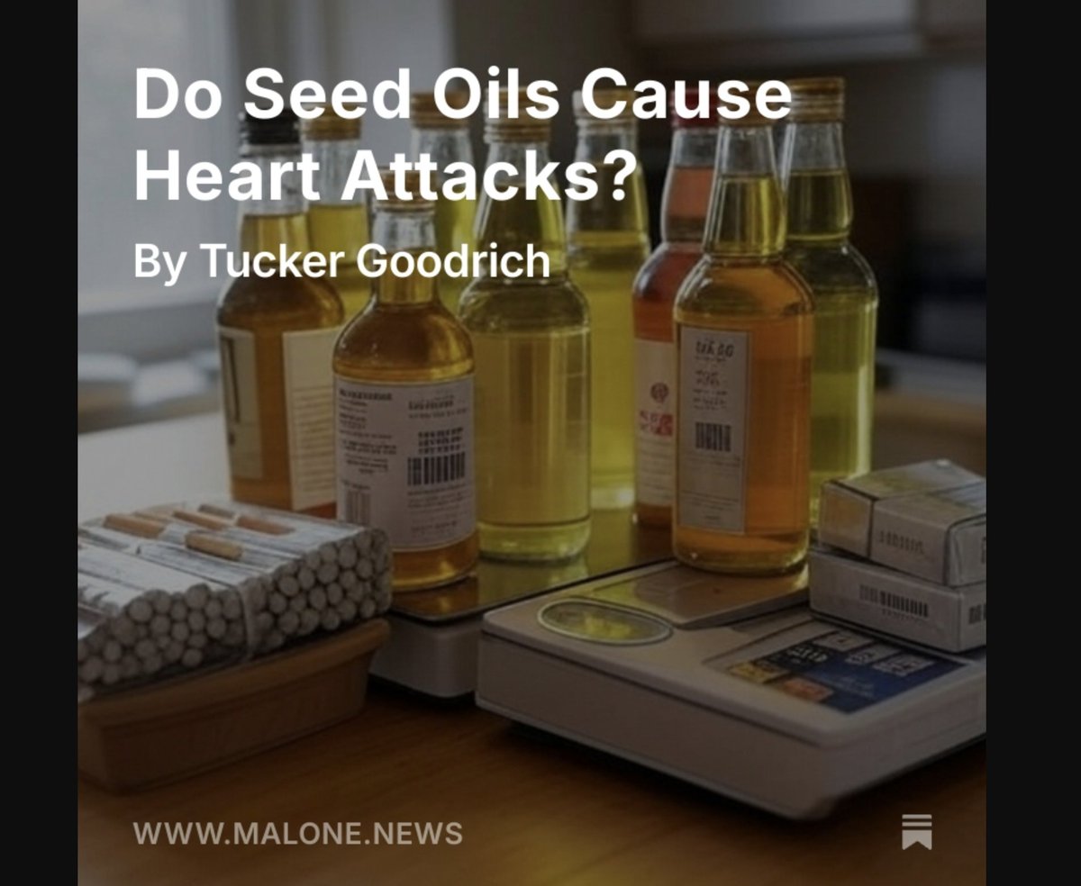 RWMaloneMD's tweet photo. Do Seed Oils Cause Heart Attacks?
By Tucker Goodrich
"Heart disease is the leading cause of death in the United States and industrial countries around the world. This is hardly news, but what is not widely understood is that this has not always been the case.
Even as recently as the early 20th Century in the United States and United Kingdom, what we now call atherosclerotic cardiovascular disease (ASCVD) was unusual. If you find this hard to believe, consider that while a comprehensive list of causes of death was first commenced in 1836 in the U.K., and an International Causes of Death list (building upon the previous work from several nations) was created in 1893, it wasn’t until 1930 that coronary disease was included as a cause (Strong, 1936), 18 years after it was first described (Herrick, 1912)." 
To continue reading, click on the link:
https://t.co/gxwbc8HWog