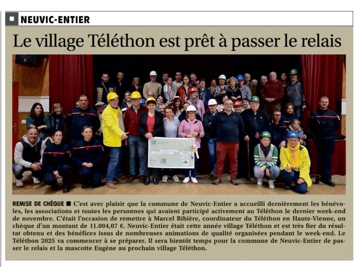 87Telethon's tweet photo. Neuvic-Entier Village TELETHON 2024 a atteint un record de collecte avec 11004,07 €. Leur recette : un enthousiasme débordant et un investissement de tous les instants qui créent des moments de convivialité mémorables et de belles rencontres. Bravo et merci à tous. https://t.co/6NDEU4eOwf