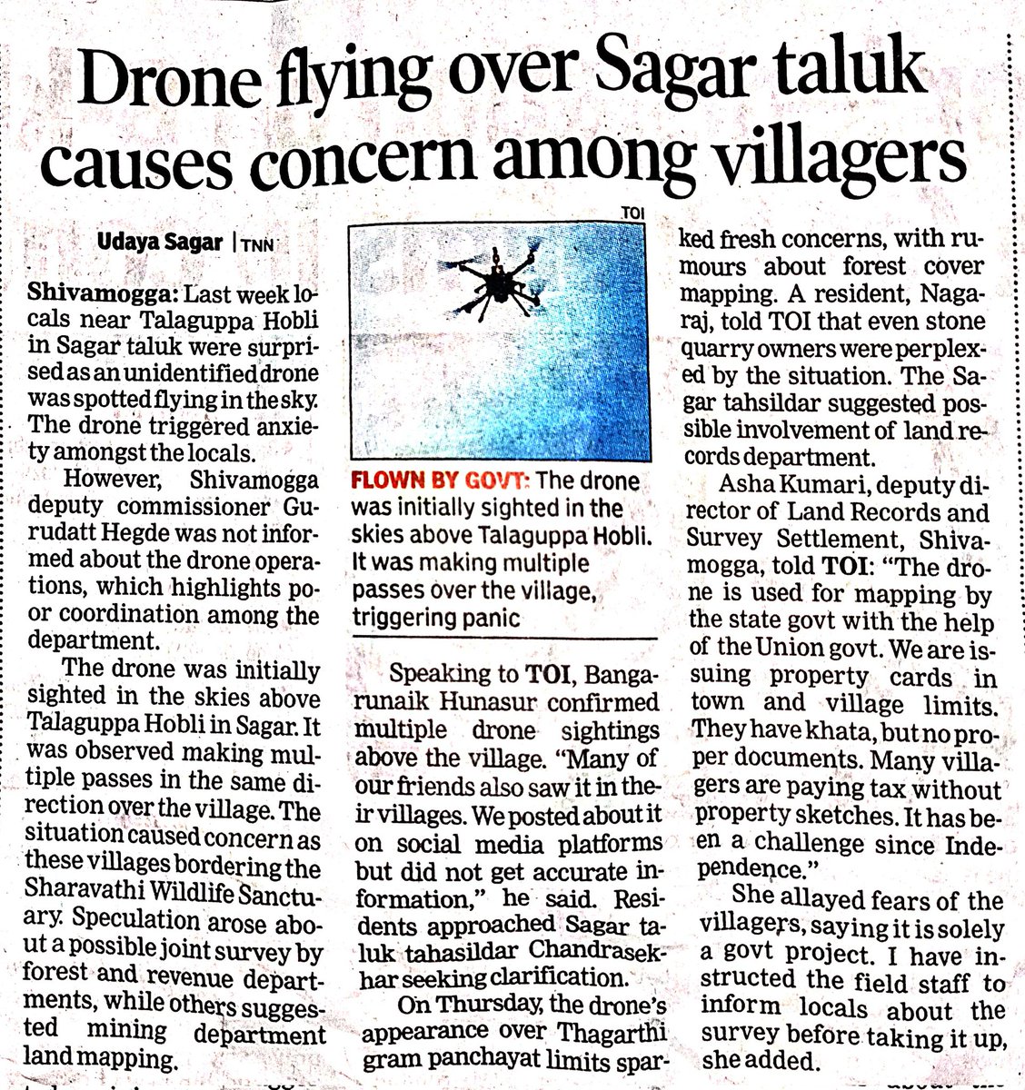 An unidentified drone has been observed flying over Sagar Taluk during the past week, triggering anxiety amongst the local population. Notably, Shivamogga DC Gurudatt Hegde was not informed about the drone operations, highlighting poor departmental coordination. <a href="/krishnabgowda/">Krishna Byre Gowda</a>