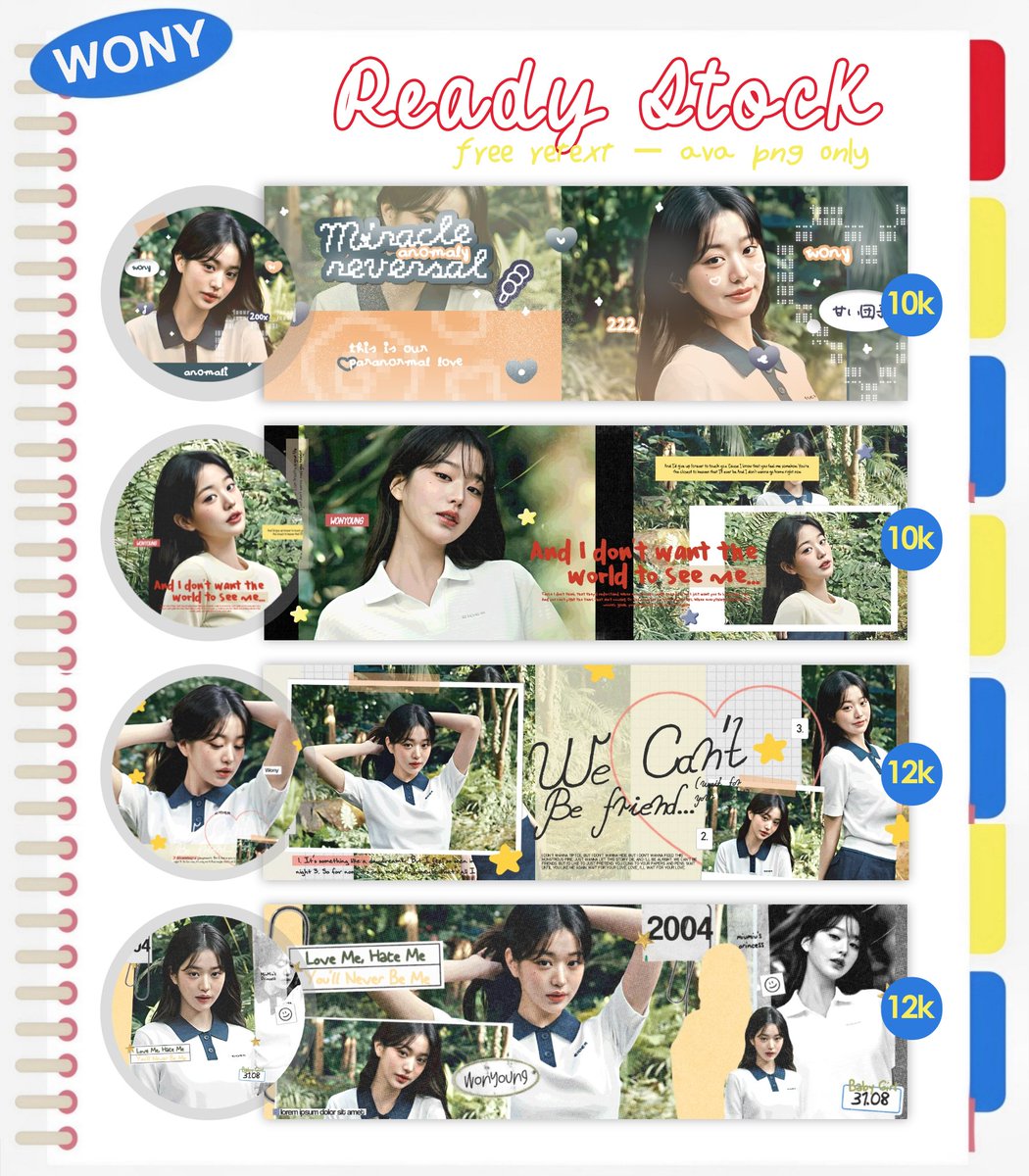 impllus's tweet photo. repost would be appreciated, thank you!😻 #zonauang #zonaba 

halo👋🏻 aku punya layout ready stock wonyoung dengan price sudah tersedia di pict🖼 free retext dan get ava png only yaa. boleh langsung dm mau layout mana, ditunggu jajannya!😻💖 https://t.co/j750F0yiIz