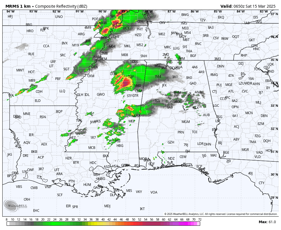 spann's tweet photo. 2AM UPDATE: A severe thunderstorm with a possible tornado is near Okolona MS, and will move into northern Lamar and western Marion counties of Northwest Alabama around 2:45-3:00a CT. Here are the key messages for the next 24 hours...

*Severe storms are possible early this morning through 8:00 a.m. for the western half of Alabama. There is no severe threat for the eastern counties; the air is drier and stable there.

*An isolated tornado or two is possible across West Alabama for the next several hours; a tornado watch is possible from SPC.

*The greatest concern is "round two", which comes from roughly 11:00 a.m. until a little after midnight. During this time a few violent, long track tornadoes will be possible anywhere in Alabama.

*Everyone will need to be in a position to hear tornado warnings today. In your safe place, have helmets for everyone. If you live in a mobile home, know the location of the nearest shelter (or business that is open 24/7 that can serve as a shelter), and have transportation available.