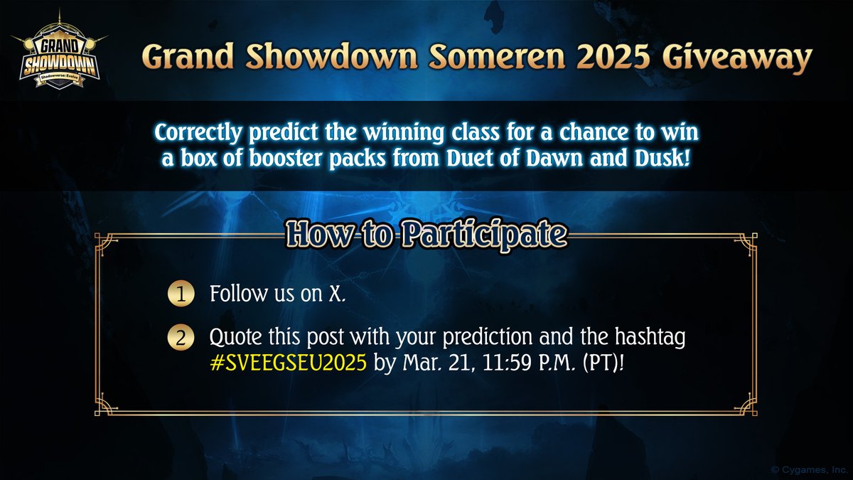 svevolve_en's tweet photo. Predict the winning class in the upcoming Grand Showdown Someren 2025 and stand a chance to win a box of the ninth booster set, Duet of Dawn and Dusk! 

🔗 https://t.co/F9XC593mAZ

#Shadowverse #ShadowverseEvolve #SVEEGSEU2025 https://t.co/98M7Njuyd1