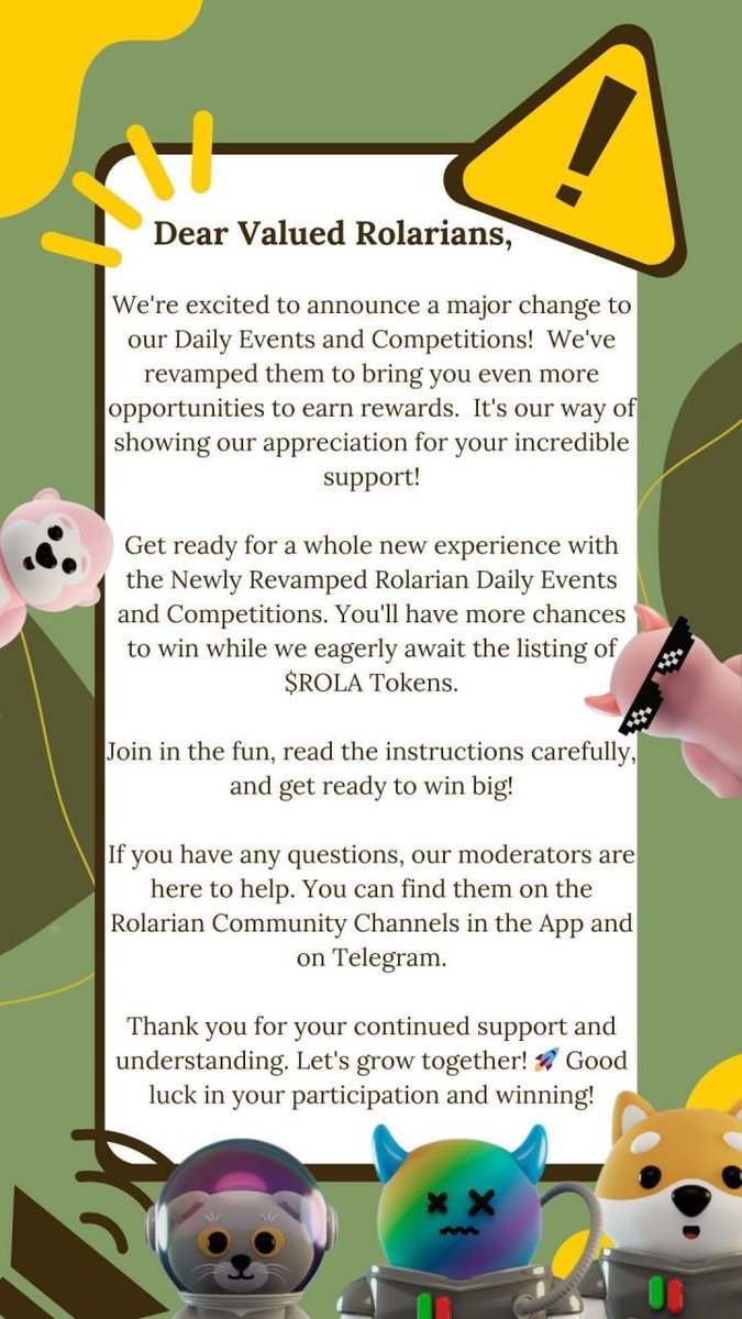 officialROLAai's tweet image. 🤩  BIG NEWS! 🤩 Rolarian Daily Events &amp;amp; Competitions just got a HUGE upgrade!  More ways to earn rewards, more fun, more winning!  Starting Monday, everyone could earn while having fun!  Get ready to win big! 🚀 #Rolarian #DailyEvents #WinBig