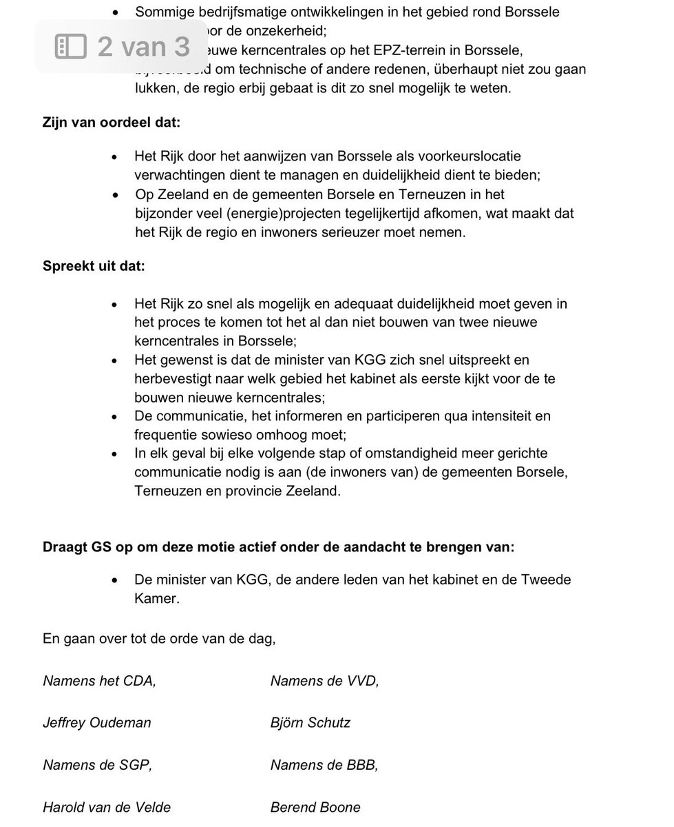 Samen met de collega’s van <a href="/BBBZeeland/">BBB Zeeland</a>, <a href="/SGPZeeland/">SGP Zeeland</a>, VVD en <a href="/JA21Zeeland/">JA21 Zeeland</a> heeft <a href="/CDA_Zeeland/">CDA Zeeland</a> onderstaande oproep aan Den Haag gedaan om snel te komen tot meer duidelijkheid over de nieuwe kerncentrales! <a href="/MinisterKGG/">Sophie Hermans</a> <a href="/HenriBontenbal/">Henri Bontenbal</a> <a href="/SilvioErkens/">Silvio Erkens</a> <a href="/ajflach/">André Flach</a> <a href="/henkvermeer/">Henk Vermeer</a> <a href="/Eerdmans/">Joost Eerdmans</a>