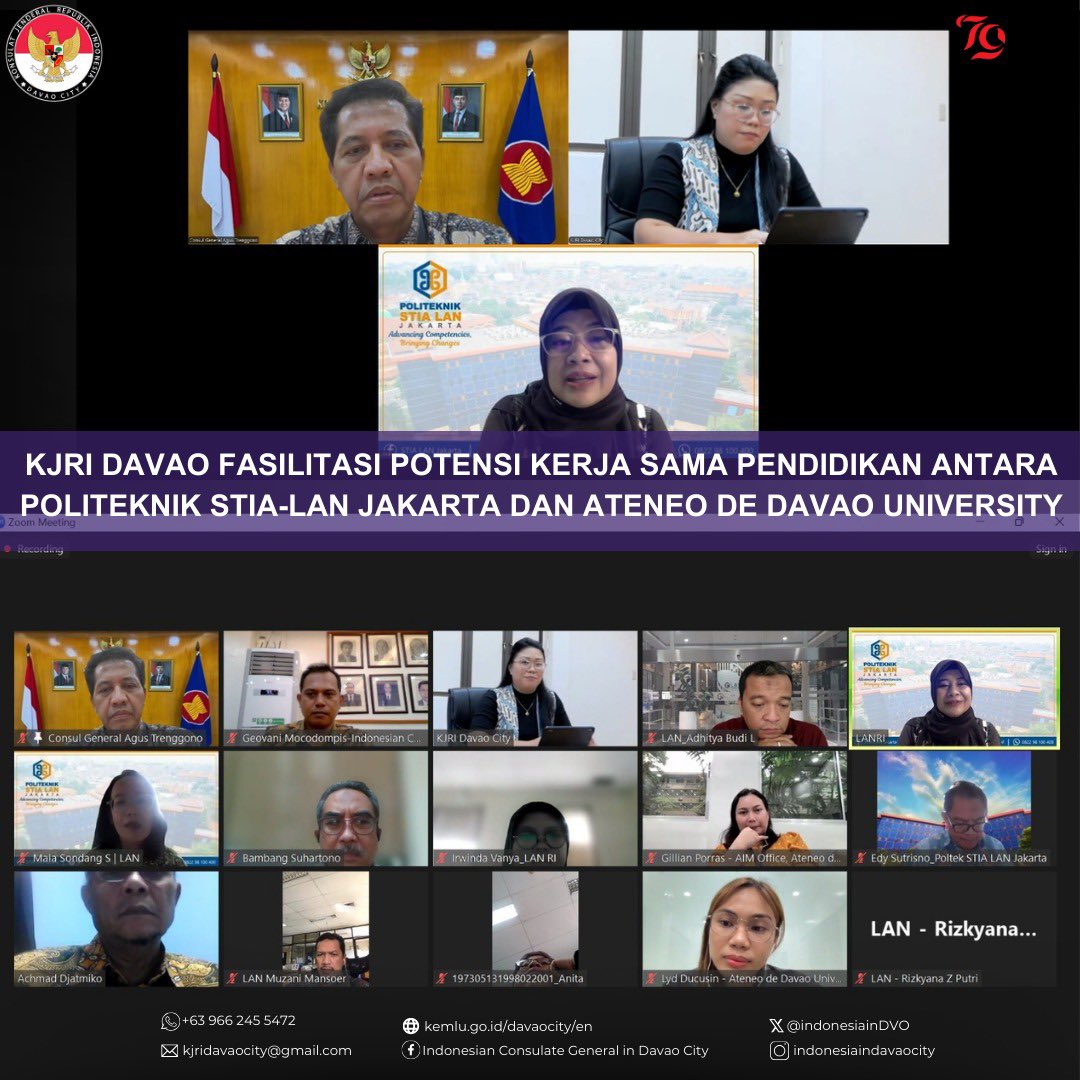 indonesiainDVO's tweet image. Davao, 13 Maret 2025 – KJRI Davao City telah memfasilitasi pertemuan daring antara Politeknik STIA-LAN Jakarta dan Ateneo de Davao University (AdDU) untuk menjajaki potensi kerja sama di bidang pendidikan.

#IndonesianWay #IniDiplomasi #DemiNKRI #RintisKemajuan #NegaraMelindungi