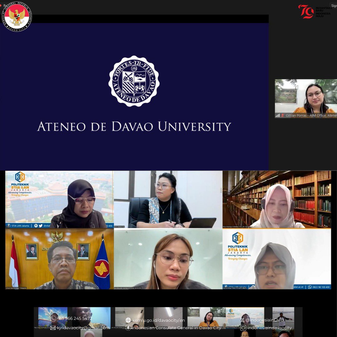 indonesiainDVO's tweet image. Davao, 13 Maret 2025 – KJRI Davao City telah memfasilitasi pertemuan daring antara Politeknik STIA-LAN Jakarta dan Ateneo de Davao University (AdDU) untuk menjajaki potensi kerja sama di bidang pendidikan.

#IndonesianWay #IniDiplomasi #DemiNKRI #RintisKemajuan #NegaraMelindungi