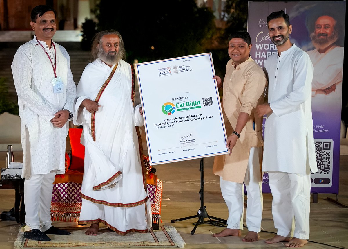We are glad to announce that our Annapoorna Dining Facility at The Art of Living International Center, Bengaluru, is now ‘Eat Right - Place for Worship’ certified by FSSAI under Ministry of Health and Family Welfare.

This recognizes our commitment to safe, hygienic food