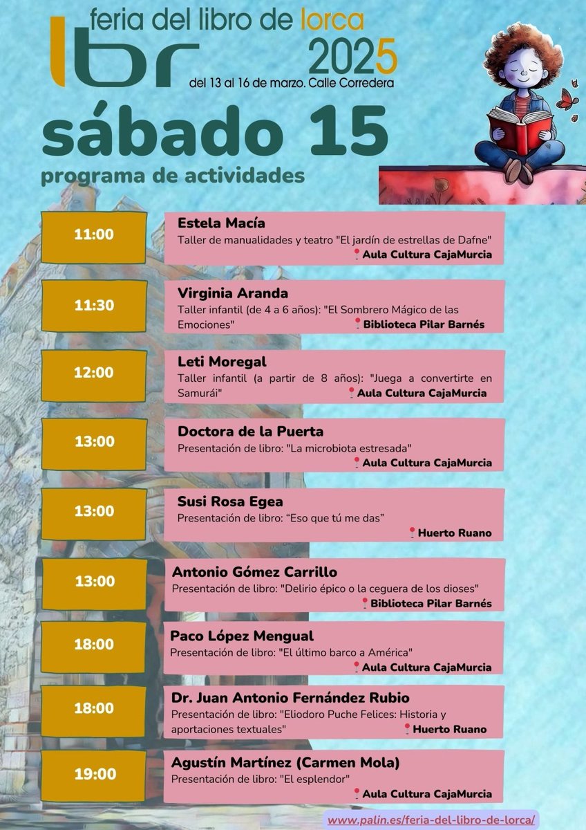 Hoy se llevarán a cabo dos talleres infantiles. La Doctora de la Puerta presenta  el libro ‘La microbiota estresada’ es una de las divulgadoras científicas más relevantes. Por la tarde, presentación de ‘El esplendor’ de Agustín Martínez, pieza clave trás el fenómeno Carmen Mola.