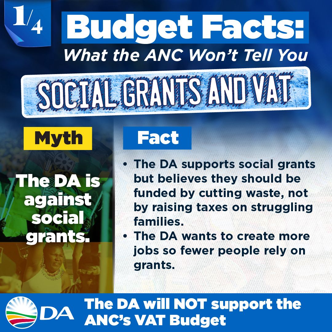 💡Budget Fact💡 

The DA supports social grants but believes they should be funded by cutting waste, not by raising taxes on struggling families.

The DA wants to create more jobs so fewer people rely on grants, the ANC VAT Budget will not make this a reality.

#NoToVATIncrease