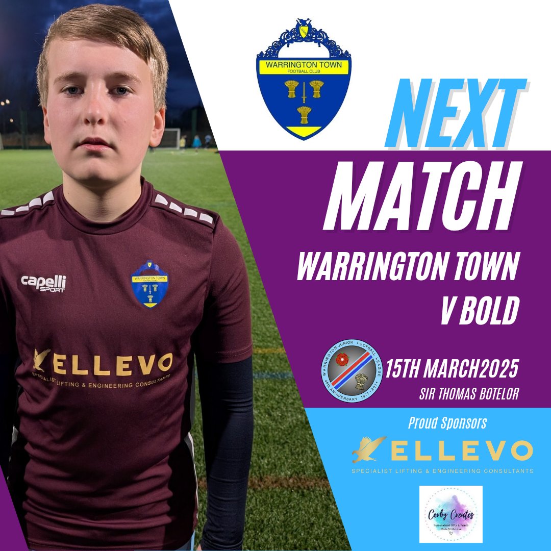 ⚽ Final Game

Last game of the season for the lads against new champions Bold Minors

Hopefully end the season on a high

🏆Warrington District
⌛ 11AM
🏟️ Sir Thomas Botelor

<a href="/Junior_Wires/">Warrington Town (Juniors) FC</a> 

Sponsors 🤝🏻

<a href="/CorbyCreates/">Corby Creates</a> <a href="/EllevoGroup/">Ellevo Group</a>
