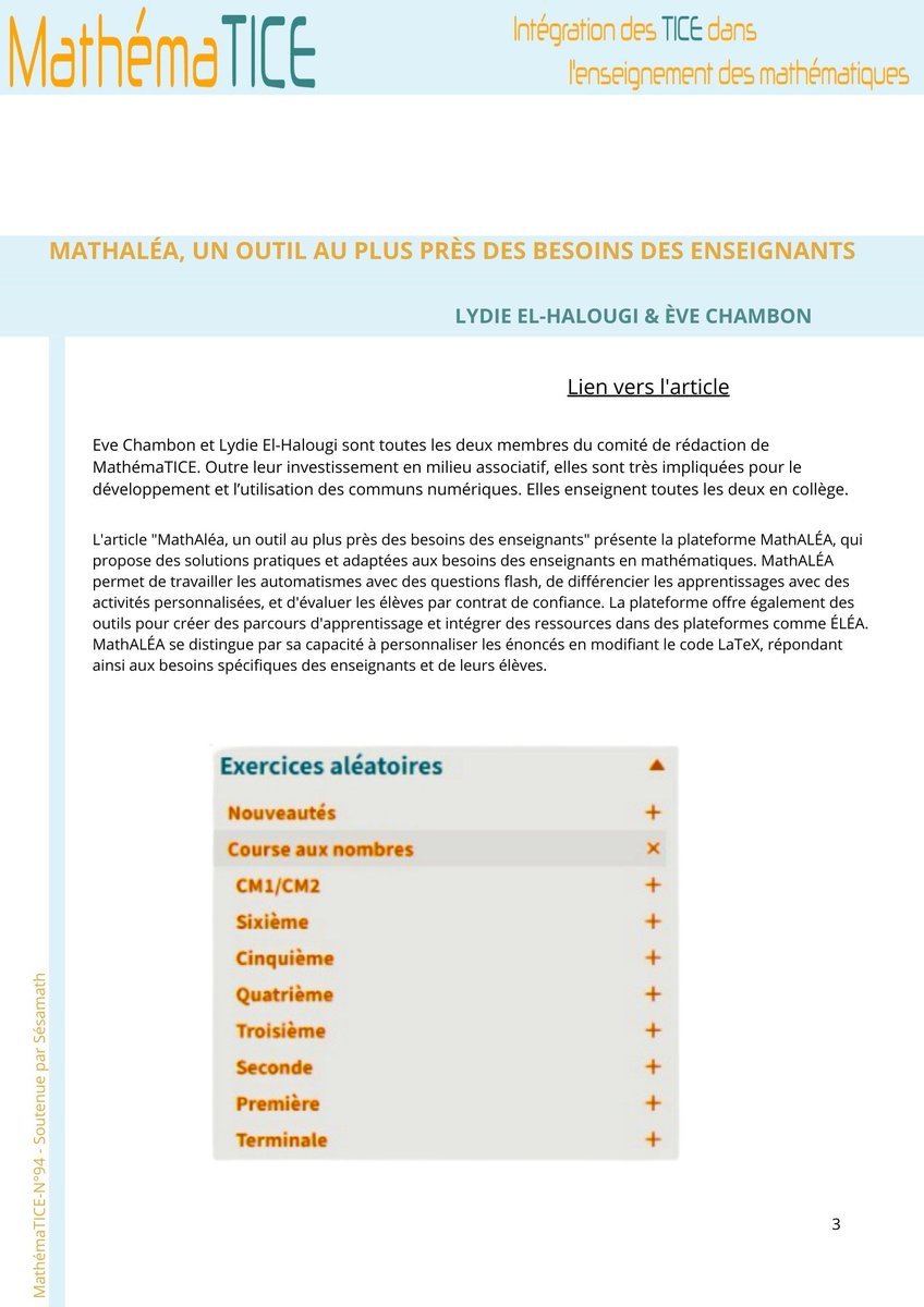 MathemaTICEel's tweet photo. Dans notre numéro 94 : un article dédié à #MathALÉA et les solutions qu'il met à disposition des #profdemaths pour développer les #automatismes.
Article complet : https://t.co/OpcPkOSkQf
@CoopMaths_fr
🗒@HalougiL
📝@EveChambon https://t.co/bQbd3jSQ5l