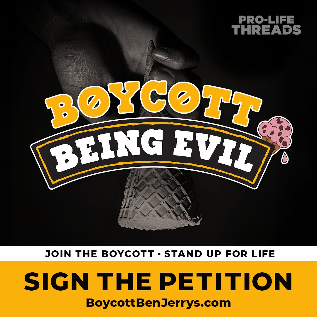 ProLifeThreads's tweet image. We're launching a boycott of Ben & Jerry's over their support & promotion of abortion.
Join us in pledging not to buy any of their products until they stop supporting this blatant evil.
LIKE, SIGN & RETWEET this petition to spread the word.
Join at BoycottBenJerrys.com