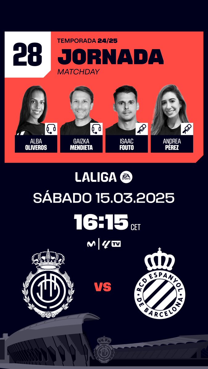 🗓️J28 <a href="/LaLiga/">LALIGA</a> 
🏟️Estadi Son Moix 
🎙️<a href="/albaoliverosz/">Alba Oliveros</a> <a href="/isaacfouto/">Isaac Fouto</a> <a href="/APerezBouza/">Andrea Pérez Bouza</a> 

Previa 15:25 🍿📺

Objetivo la permanencia ! El Mallorca mira de reojo los puestos Europeos y un Espanyol con una sola derrota en lo q llevamos 2025. 

#LALIGAEASPORTS #MallorcaEspanyol #InsideLALIGA
