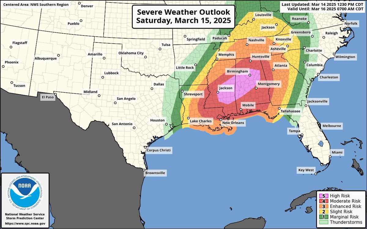🚨 ATENCIÓN🚨

Se espera un brote de tornados este sábado en Mississippi y Alabama, con tormentas peligrosas y de rápido movimiento.

🦺 Ten un plan, mantente alerta y sigue fuentes oficiales. Más info en weather.gov. #Tornado #AlertaClimática