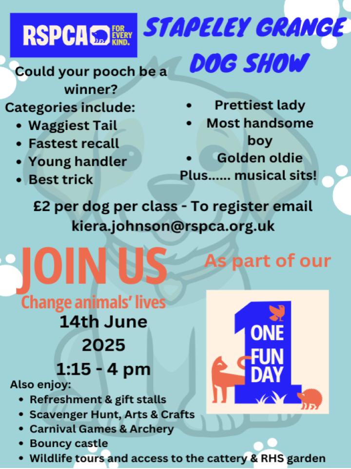 PLS RP: Date for the Diary:  Saturday 14th June - Stapeley Grange's Family 'One Fun Day' - the team are working hard to make this our biggest event ever!!  So much for the family to do including our dog show...all funds raised will be used at the Centre 🐕🦮🐩🐶