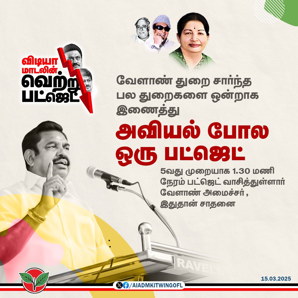AIADMKITWINGOFL's tweet image. 5வது முறையாக 1.30 மணி நேரம் பட்ஜெட் வாசித்துள்ளனர், இதுதான் சாதனை.

மாண்புமிகு கழகப் பொதுச்செயலாளர் &quot;புரட்சித் தமிழர்&quot; @EPSTamilNadu அவர்கள் .
 #விடியாமாடலின்_வெற்றுபட்ஜெட்
