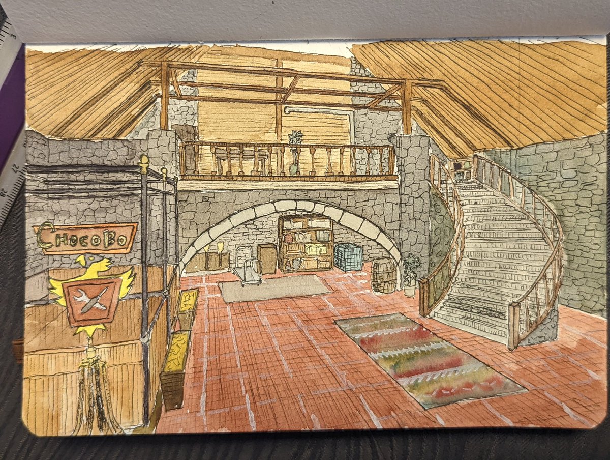 Lhet's tweet image. #19 Chocobo sage
Lots of little details on this, lots of perspective practice. The painting side of things again was just adding fairly basic transparent color, which is fine I suppose for this sort of thing. Getting close to the end of this notebook.
#watercolor #lineandwash