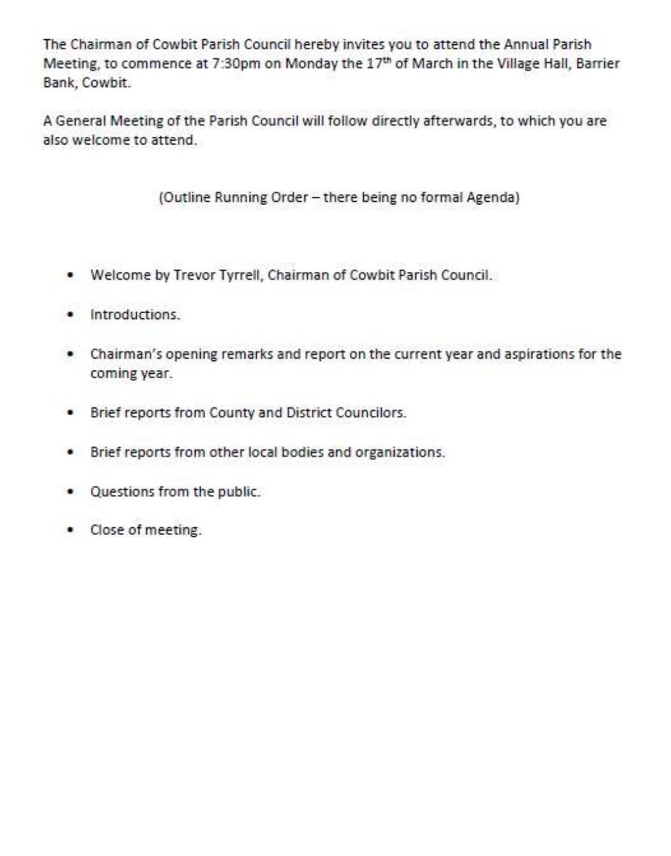 CowbitVillage's tweet photo. The Annual Cowbit Parish Meeting will be held on Monday the 17th of March, commencing at 7:30pm in the Village Hall.  A general meeting of the Parish Council will follow directly afterwards.  Everyone welcome to attend. https://t.co/C6Yqci8pU5