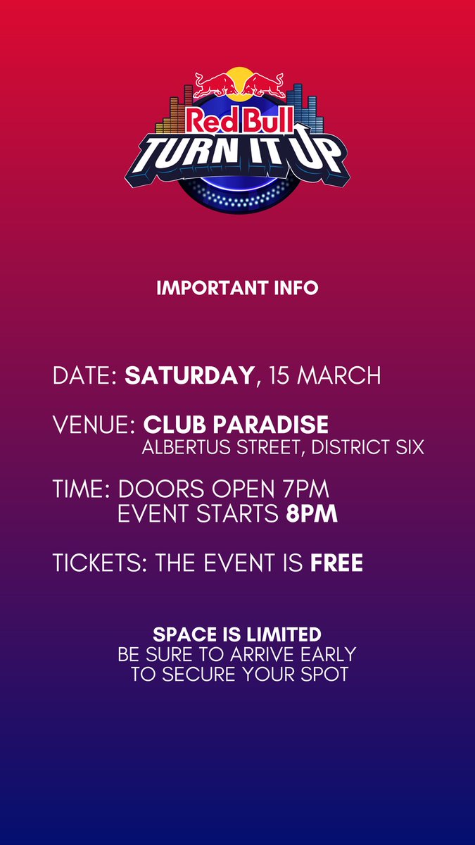 GREMLIN ๐ (@gremlinmusic_) on Twitter photo TONIGHT!
<a href="/RedBullZA/">Red Bull South Africa ๐ฟ๐ฆ</a> โTurn It Upโ DJ Battle ๐ฅ
Pull up and support <a href="/foreplay_djs/">FOREPLAY DJS</a> ๐ TONIGHT!
<a href="/RedBullZA/">Red Bull South Africa ๐ฟ๐ฆ</a> โTurn It Upโ DJ Battle ๐ฅ
Pull up and support <a href="/foreplay_djs/">FOREPLAY DJS</a> ๐