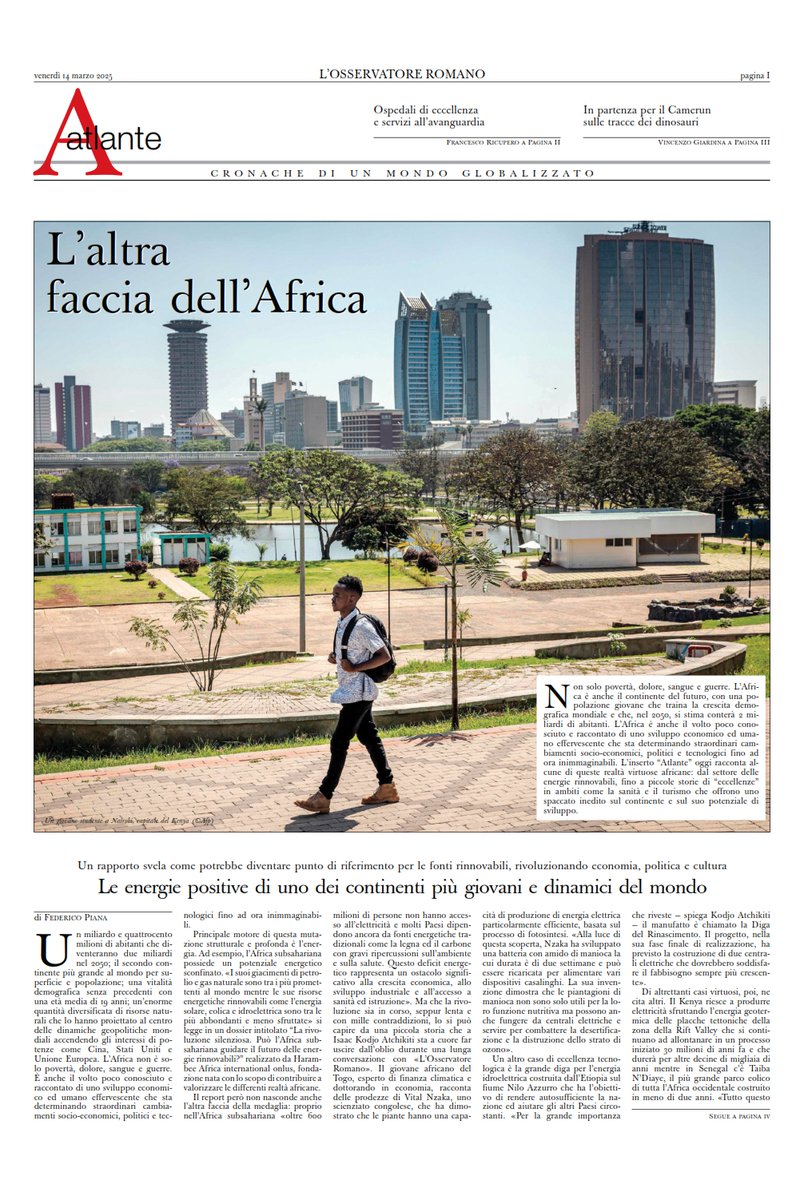 🌍L’Africa è energia, innovazione, futuro! 
Su <a href="/oss_romano/">L'Osservatore Romano</a> <a href="/FedPiana/">Federico Piana</a> scrive del grande potenziale dell’Africa subsahariana nelle #EnergieRinnovabili riprendendo il nostro #dossier "La rivoluzione silenziosa". Non solo sfide, ma opportunità!
Qui il dossier👉bit.ly/41oTlEi