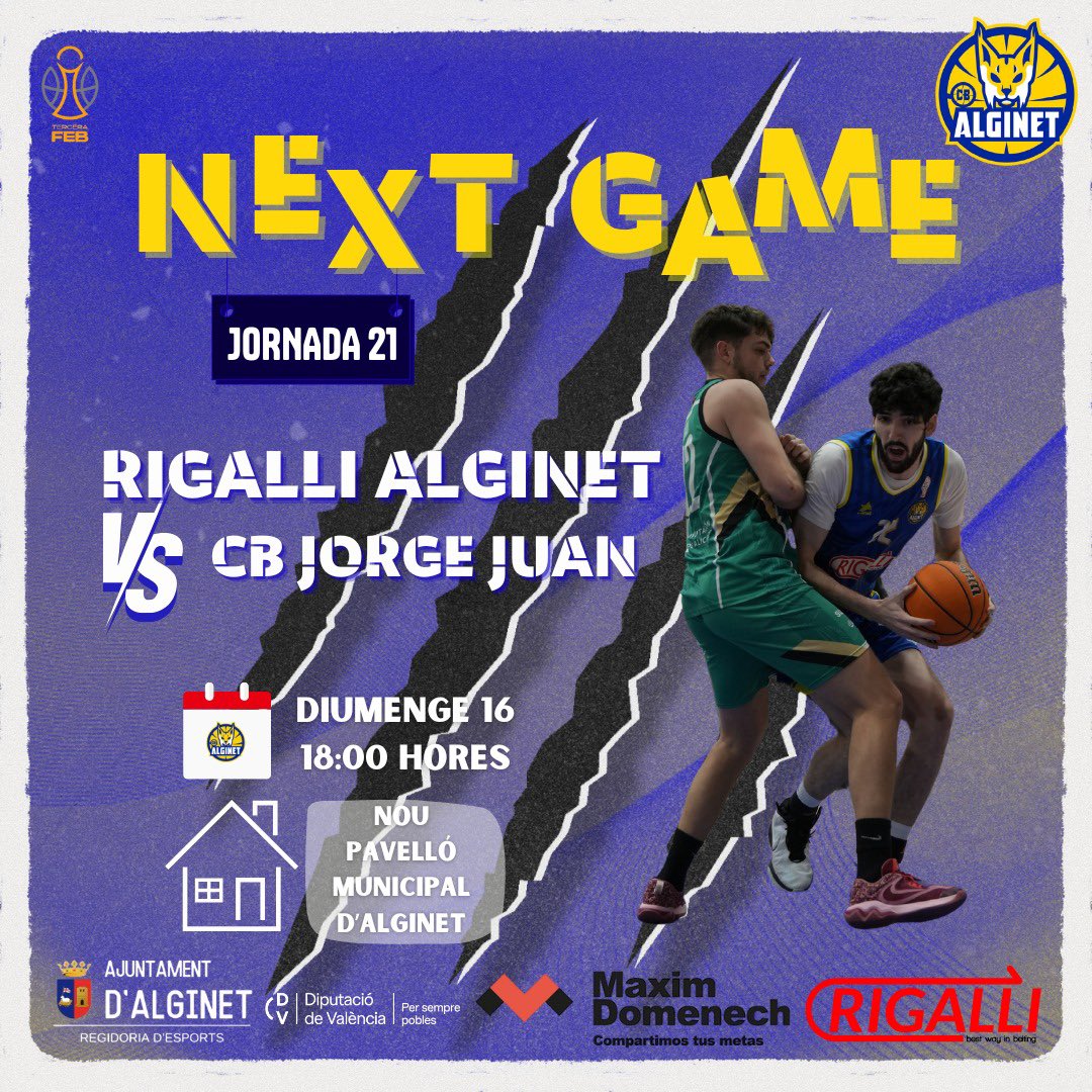 cbalginet's tweet photo. NEXT GAME🔥

El Rigalli Alginet repeteix cita a casa per enfrontar-se al CB Jorge Juan el diumenge 16 a les 18:00 hores🏀🙌

📍Nou Pavelló Municipal

Els nostres es van emportar el primer encreuament de lliga davant aquest rival per 6️⃣6️⃣ a 8️⃣9️⃣

Apropa’t🤩

Amunt Alginet💙💛 https://t.co/A93gN1sGI7