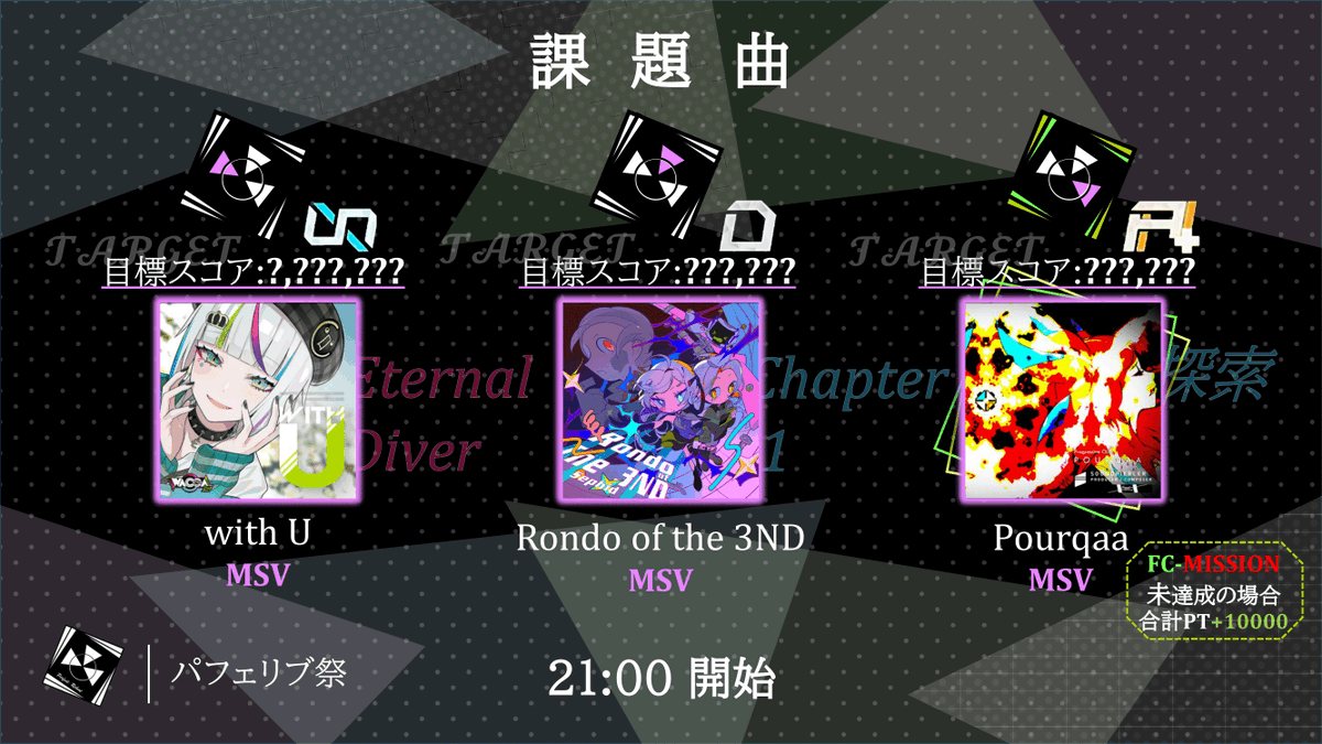 heybricksongs's tweet photo. 【#パフェリブ祭】課題曲公開
開始ーー21:00
with U - MSV - 『INF』
(WACCAコラボ:データ粒子と交換)
Rondo of the 3ND - MSV - 『D』
(1章:余温:5)
Pourqaa - MSV - 『AA+』
(探索:16レベル)("FC")
#PerfectReboot
#ParadigmReboot https://t.co/LybivxO09u