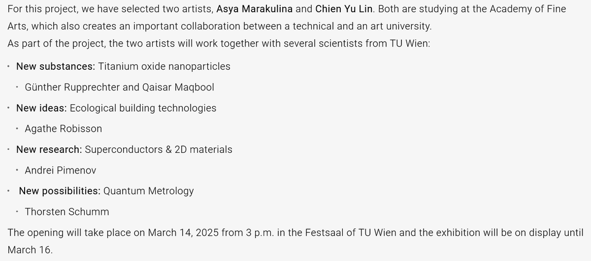 Rupprechter_Lab's tweet photo. techArt4: Beyond  Materials 🖌️ 🎨 🖼️🪙 ⏳ 🍃 🔬 ☀️ opened yesterday with the exhibition  on display until tomorrow (Curator: Anna Pimenov). We are glad to  contribute self-cleaning paint. 
https://t.co/y3RvHOwezc
https://t.co/WjmCO9ko5B https://t.co/RuvbHQiKh1