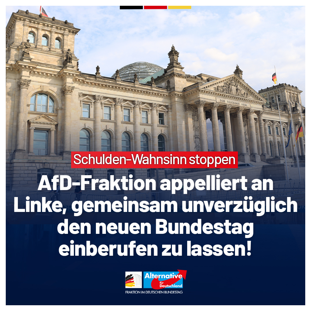 AfDimBundestag's tweet photo. Die Linke muss jetzt Farbe bekennen. Will sie die Finanzierung der Bundeswehr vorbei an der Schuldenbremse stoppen und Friedrich Merz zu Fall bringen?

Das Bundesverfassungsgericht hat in seiner Entscheidung zur Ablehnung der Organklage der AfD-Fraktion deutlich gemacht, dass der am 23. Februar gewählte neue Bundestag jederzeit einberufen werden könnte, wenn dieses von mindestens einem Drittel der Abgeordneten gefordert würde. Gemeinsam könnten AfD und Linke gemäß Artikel 39 des Grundgesetzes dafür sorgen, dass der neue Bundestag unverzüglich zusammentreten muss. Dadurch kann verhindert werden, dass der alte und aufgelöste Bundestag über die weitreichenden Schuldenpläne von Union, SPD und Grünen entscheiden kann.

Dazu teilt der Justiziar und Parlamentarische Geschäftsführer der AfD-Fraktion im Deutschen Bundestag, @BrandnerSt, mit:
„Ich appelliere an die Abgeordneten der Linken, trotz aller politischen Unterschiede dabei zu helfen, dem Wählerwillen, der bei der Bundestagswahl zum Ausdruck gekommen ist, Geltung zu verschaffen und gemeinsam mit der #AfD-Fraktion die sofortige Konstituierung des neuen Bundestages zu verlangen. So können wir gemeinsam den politischen Taschenspielertrick von Union, SPD und Grünen verhindern und Schaden von unserer Demokratie abwehren. Unsere Hand ist ausgestreckt, die Kontaktmöglichkeiten sind bekannt. Die Linke muss jetzt Farbe bekennen, ob sie Helfershelfer der undemokratischen Umtriebe der Anderen sein will oder aber, ob wie für uns auch für sie das Wohl der Bürger und der demokratische Parlamentarismus an erster Stelle stehen.“