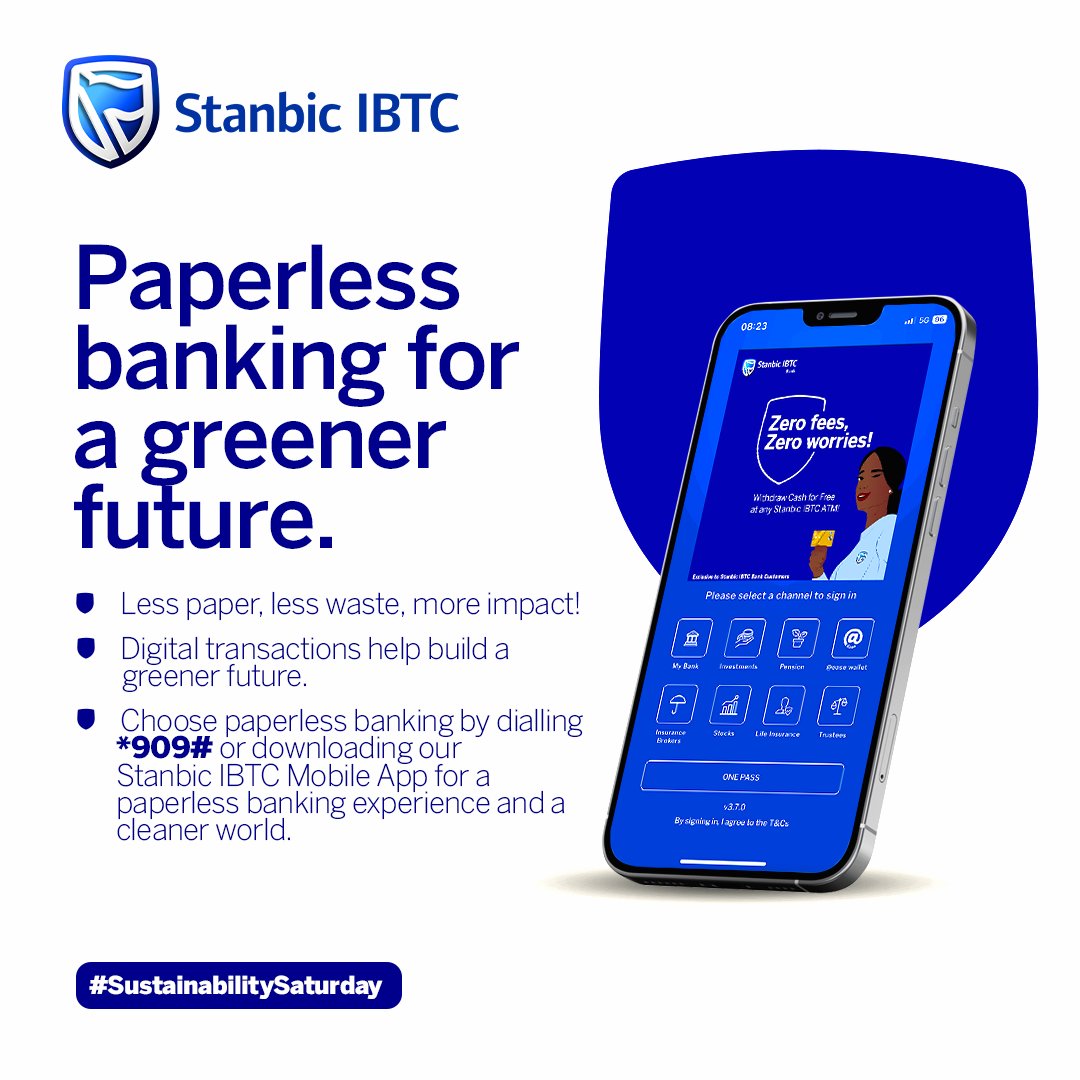 StanbicIBTC's tweet image. Every digital transaction is a step towards a greener planet! 🌱💙 
Go paperless with Stanbic IBTC and reduce waste while making banking easier. 
Join us in building a sustainable future, dial *909# or use our mobile app today. 

#SustainabilitySaturday 
#GoPaperless
#StanbicIBTC
