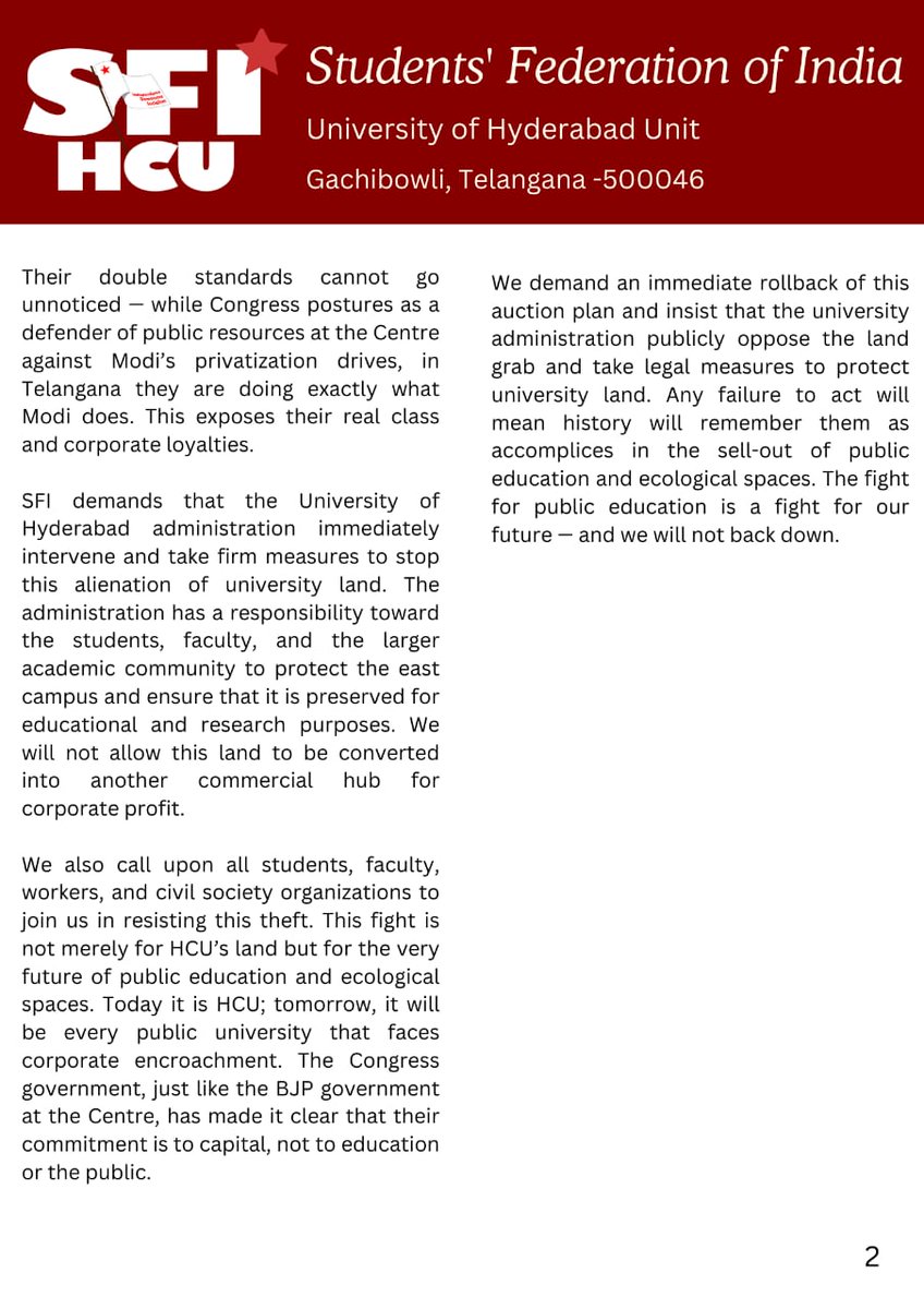 Hands off HCU Land

#SaveHCU #SaveBioDiversity 
#HCU

<a href="/SFI_CEC/">SFI</a> 
<a href="/TelanganaSfi/">SFI Telangana</a>