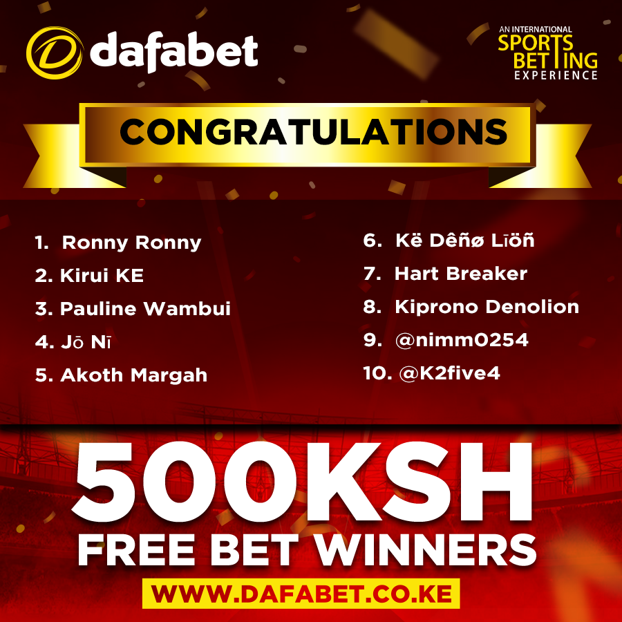 DafabetKenya's tweet photo. Congratulations to our to our top 10 Winners with the most likes and reactions on their comments on the Dafa Na Mbuzi Choma Trivia. Please share your account details for crediting. Special thanks to everyone who participated. Stay tuned for the next promo. #TukoGame https://t.co/ziS5FTYgpx