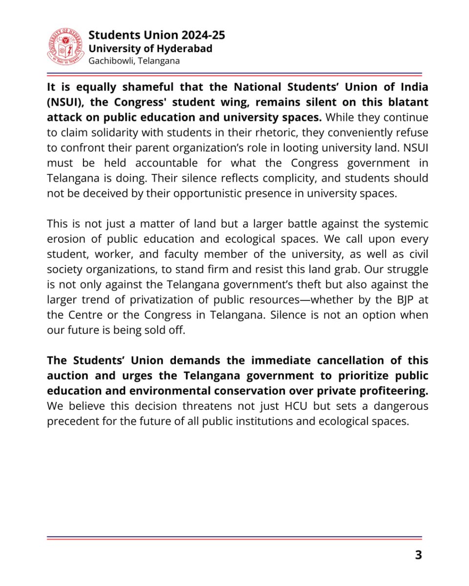 Statement of UoH SU 2024-25 on UoH Land grabbing by INC led Telangana Government. 

#SaveHCU
#SaveBiodiversity 
#SaveEducation