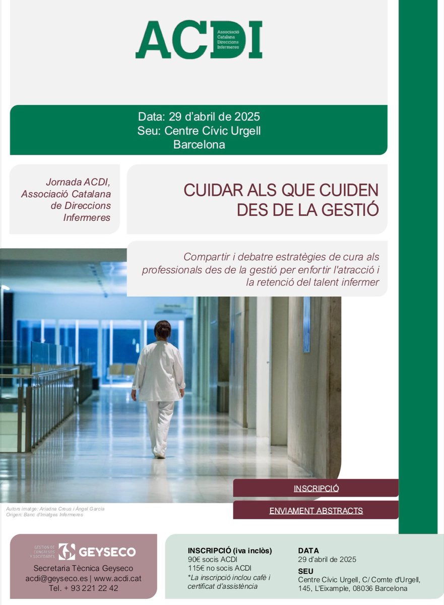 Infermeres_ACDI's tweet photo. 🗣️ Ens complau presentar-vos la #jornadaACDI:

“CUIDAR ALS QUE CUIDEN DES DE LA GESTIÓ”

Oportunitat per debatre i compartir estratègies de cura cap als professionals

 🗓️ 29 d’abril de 2025
📍Centre Cívic Urgell de Barcelona

ℹ️ https://t.co/DxZb5OCRcv

Us hi esperem! 💚 https://t.co/AAe9pJQ8yn