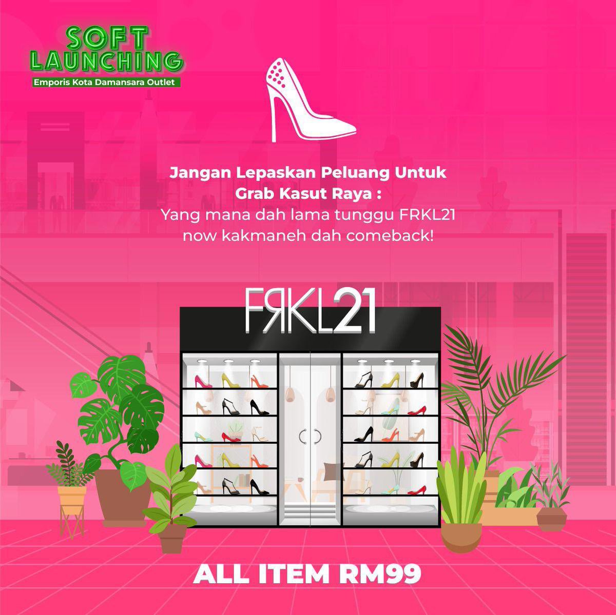 All items RM99 je gais harini sempena soft launching. 

Siapa takda kasut raya lagi tu pls singgah sana today okay! 😍

#FRKL21REOPENING #FRKL21KOTADAMANSARA