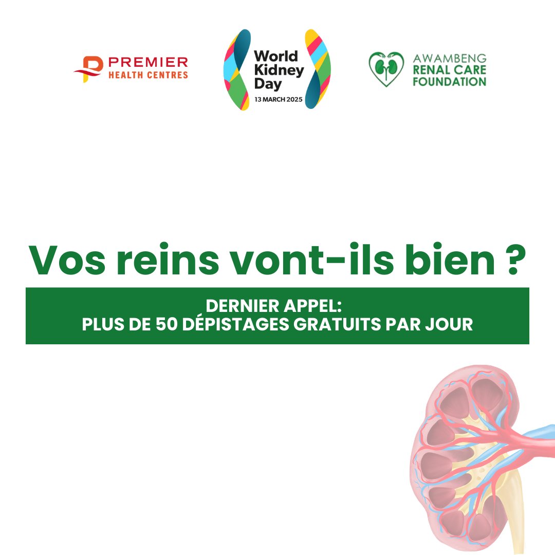 AwambengF's tweet photo. DERNIER APPEL!

Aujourd’hui est votre dernière chance de bénéficier d’un DÉPISTAGE RÉNAL GRATUIT!

Premier Health Centre, Douala Grand Mall
Contact : 653386663 / 697978170

#JournéeMondialeDuRein https://t.co/8syG1DCRVC